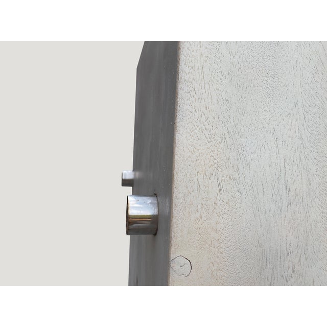 Andrianna Shamaris Minimalist Bleached Log Floating on Stainless Steel Cylinders For Sale - Image 13 of 18