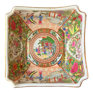 Vintage Chinese Famille Rose Square Bowl With Rose Medallion Motifs and Figural Scenes