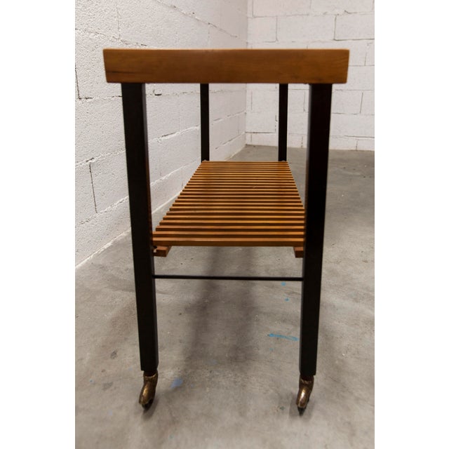 Metal Vintage Teak, Black Metal, and Glass Serving Cart on Casters, 1960s For Sale - Image 7 of 17