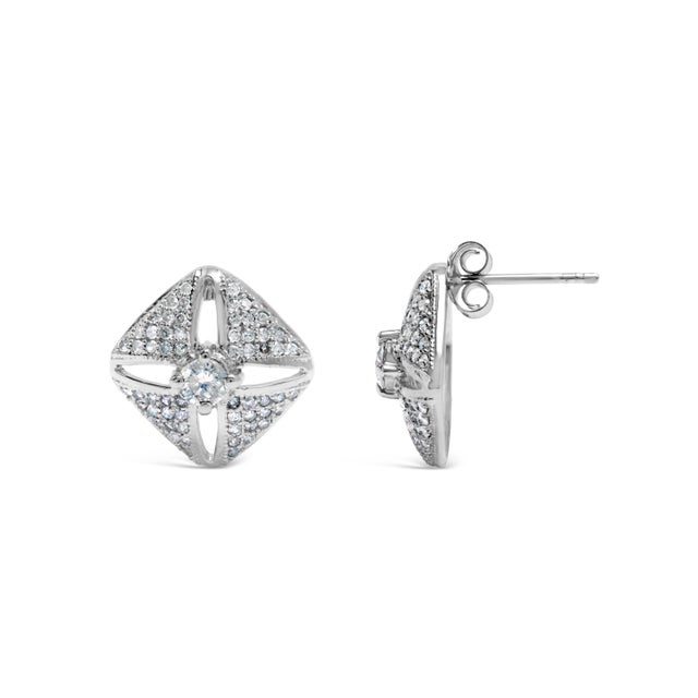 Contemporary .925 Sterling Silver 1.0 Cttw Diamond Studded Rhombus Stud Earring (H-I Color, I2-I3 Clarity) For Sale - Image 3 of 5