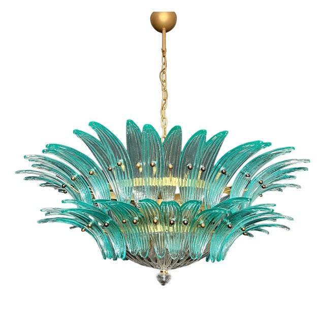 Vintage Murano Chandelier with 82 Turquoise Glasses, 1990s For Sale