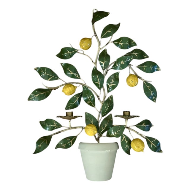 Vintage Italian Tole Potted Espaliered / Espalier Lemon Tree Candle Wall Sconce / Toleware Candle Holder, Made in Italy For Sale