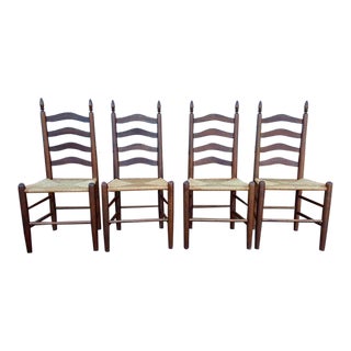 Early 20th Century Set of Four Antique Ladder Back Rush Seat Side Chairs For Sale