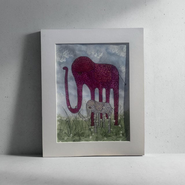 Fun colorful original painting by Jude Kirby. Mama and baby elephants. Done in acrylics/mixed media on 18”x 24” paper set...