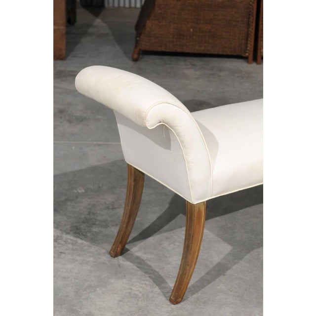Mid-Century Modern Mid 20th Century English Midcentury Petite Upholstered Bench with Saber Legs and Scrolled Arms For Sale - Image 3 of 6