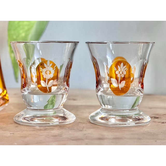 Amber Vintage Art Deco Amber Cut Floral Etched Crystal Decanter Set With 6 Glasses - 7 pcs For Sale - Image 8 of 12