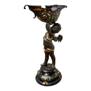 Antique Gilt Bronze Cherub Figure Holding Shell Form Centerpiece Bowl For Sale