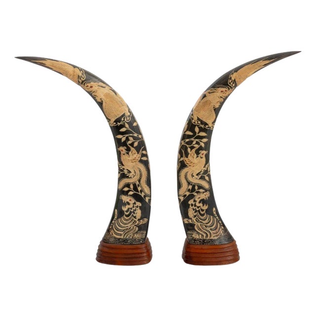 Thai Carved Buffalo Horn Sculptures, Pair For Sale