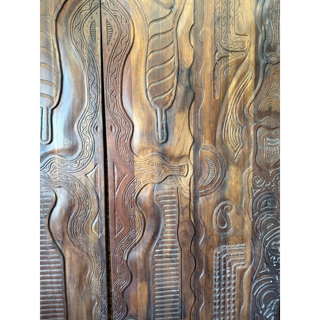 Vintage Tribal Hand-Carved Barn Door | Brown Wooden Sliding Door Panel | Rustic Boho 80 For Sale - Image 4 of 8