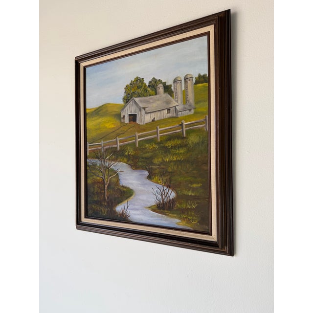 1970’s Vintage Impressionist Farm River Landscape Oil on Canvas Painting, Framed For Sale - Image 4 of 11