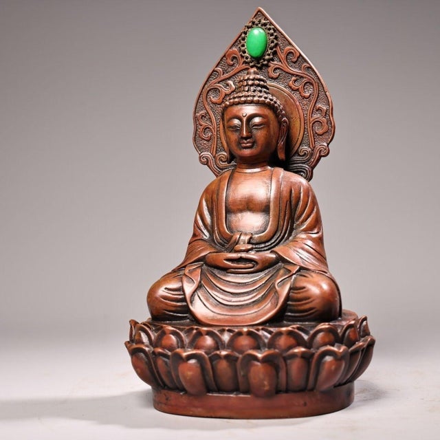 Copper Shakyamuni Buddha Statue With Inlaid Gemstone For Sale In Los Angeles - Image 6 of 10