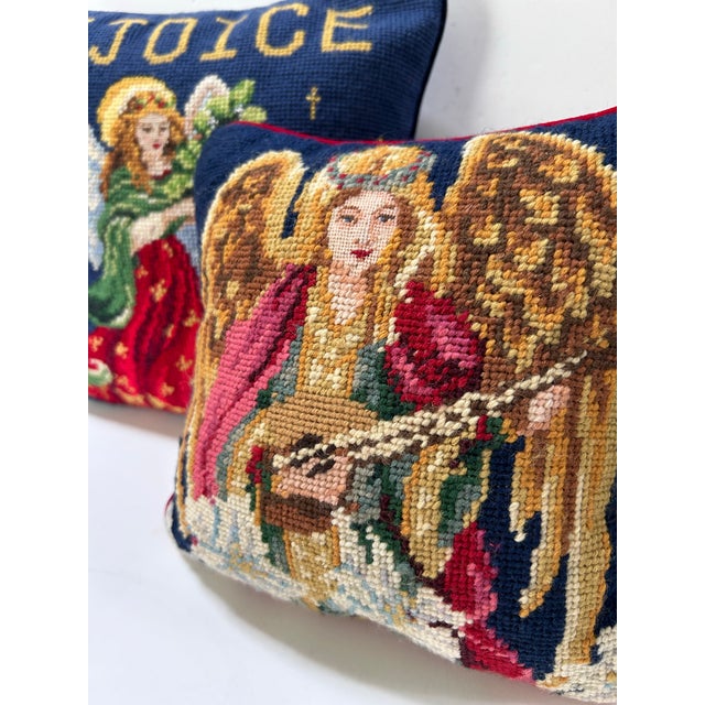 English Vintage Christmas Angel Needlepoint Pillows – Set of 2 For Sale - Image 3 of 12