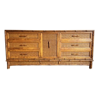 Vintage Boho Chic Faux Bamboo Wicker Dresser by American of Martinsville For Sale
