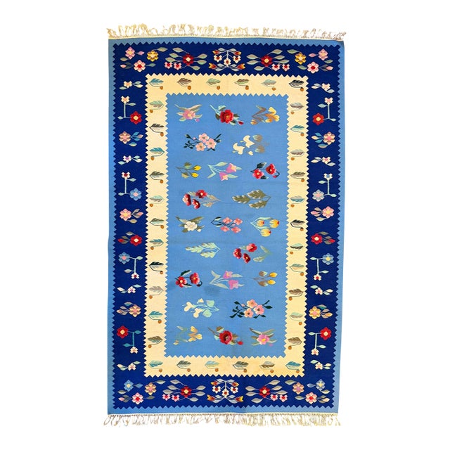 Mid-20th Century Romanian Oltenian Folk Art Floral Wool Kilim Rug in Blue and Navy For Sale