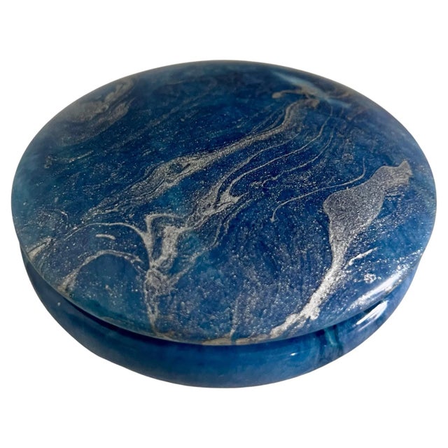 Blue Alabaster Box with Sliding Attached Round Lid For Sale In Los Angeles - Image 6 of 6