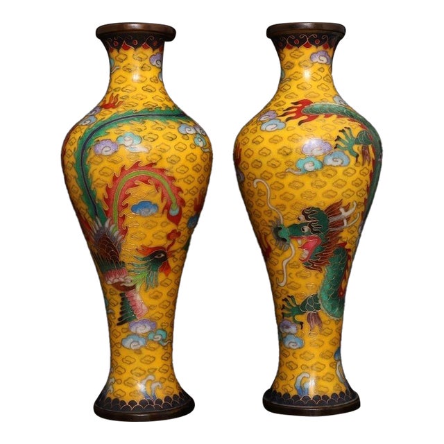 Late 20th Century Pair of Yellow Cloisonné Enamel Dragon and Phoenix Vases For Sale