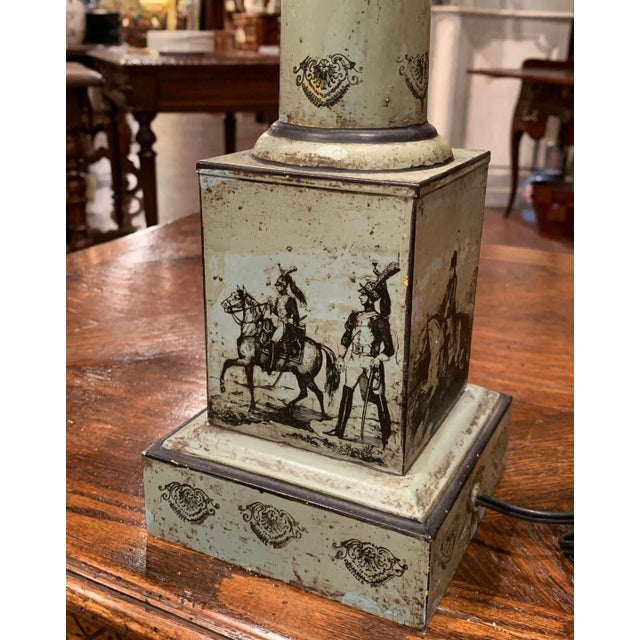 Metal 19th Century French Directoire Hand-Painted Tole Table Lamp With Military Scenes For Sale - Image 7 of 12
