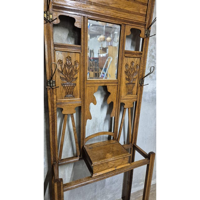 Vintage Carved Oak Hall Tree with Mirror and Coat Hooks, 1940s For Sale - Image 11 of 17
