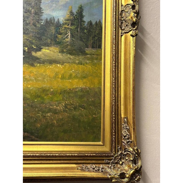 Wolfgang Heinz, Alpine Idyll with Farmers Harvesting, 1950s, Oil on Canvas, Framed, in Very Good conditions. Designed 1950...