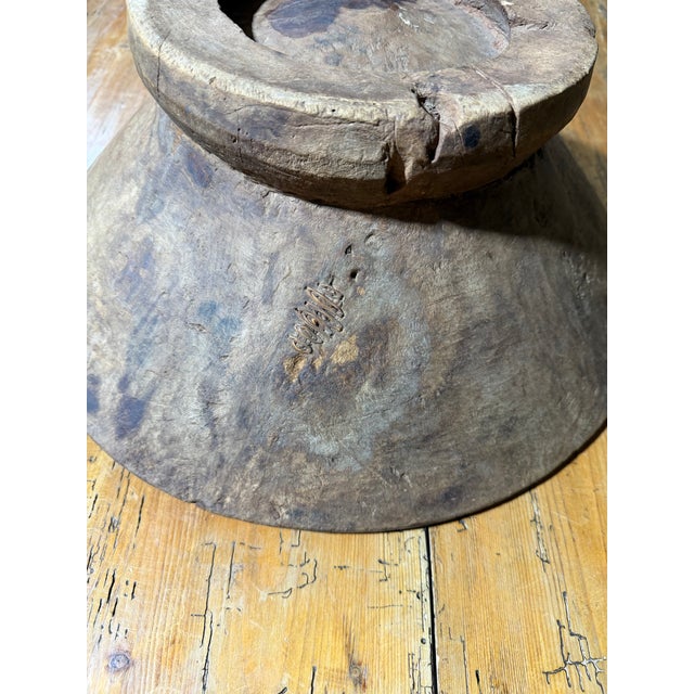 Antique Primitive Hand-Carved Wooden Bowl With Original Hanging Handle and Folk Art Repairs For Sale - Image 10 of 12