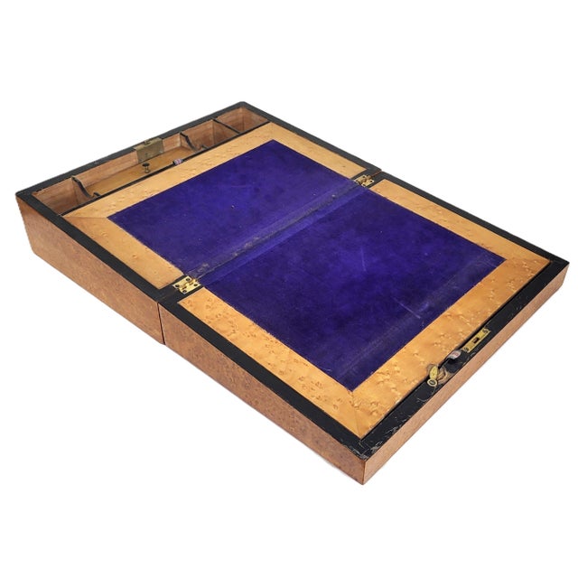 Campaign American 19th C Burled Walnut & Bird's Eye Maple Campaign Flip Top Lap Desk For Sale - Image 3 of 17