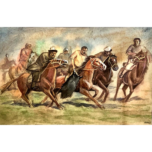 On offer is a dramatic sporting watercolor of a traditional Central Asian equestrian game, "Ulak Tartysh" or "Kokbaru",...