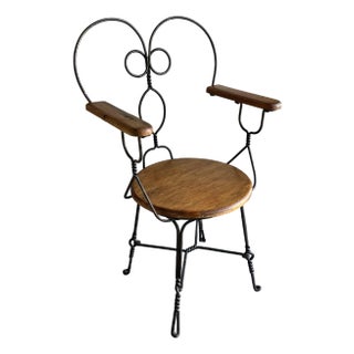 1930s Unique Wood Chair Wrought Iron Twisted Metal Ice Cream Parlor Arm Chair For Sale