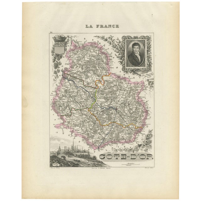 Map of Côte-Dor France with Dijon and Burgundy Wine Region, 1800s For Sale