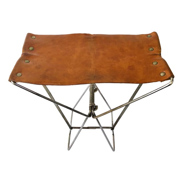 Little Industrial Brown Leather & Metal Folding Portable Stool For Sale