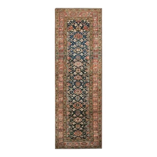 1890s Blue Navy Traditional Antique Runner Tribal Geometric Kurdish Wool Rug For Sale