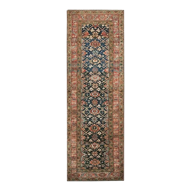 1890s Blue Navy Traditional Antique Runner Tribal Geometric Kurdish Wool Rug For Sale