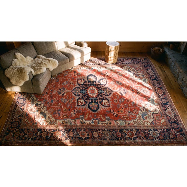 Red 1890s Red Medallion Antique Nw Persian Serapi Rug 12'6" X 18'9" Handknotted Wool Carpet For Sale - Image 8 of 9