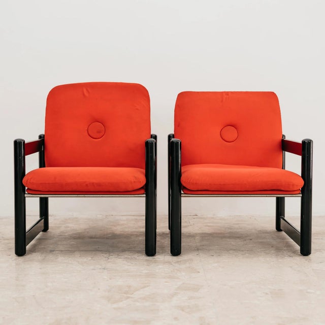 Pierrot Armchairs in Lacquered Wood and Red Fabric from Schirolli, 1980s, Set of 2 For Sale - Image 6 of 12