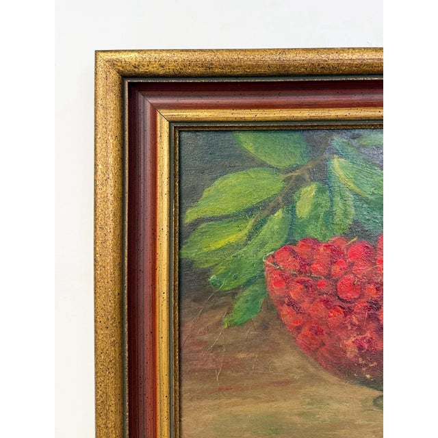 Wood Mid 20th Century Oil Painting Still Life Bowl of Cherries, Gold Frame Art, Green Accents For Sale - Image 7 of 8