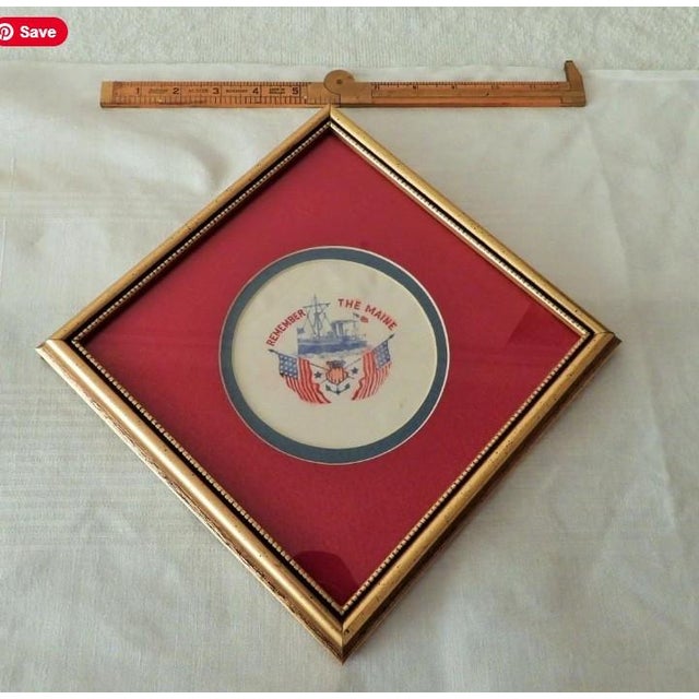 American Remember the Maine Us Navy Ship Flags Souvenir Framed Linen 1898 For Sale - Image 3 of 5