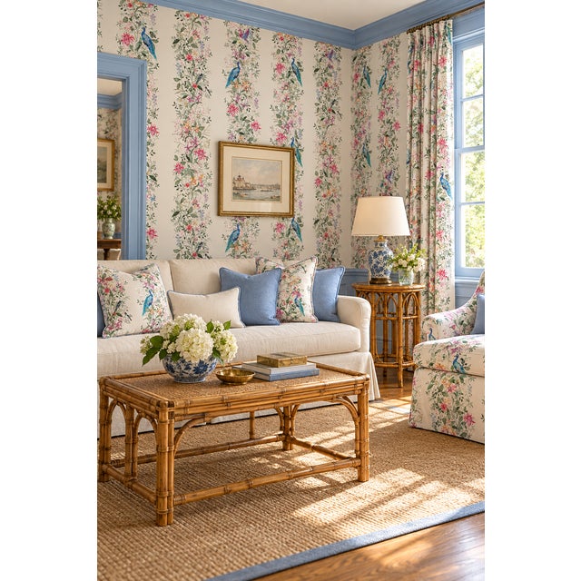 Chinoiserie Mahjong Floral Stripe Grasscloth Wallpaper by House Party | Soap White | 6 Yards For Sale - Image 3 of 9