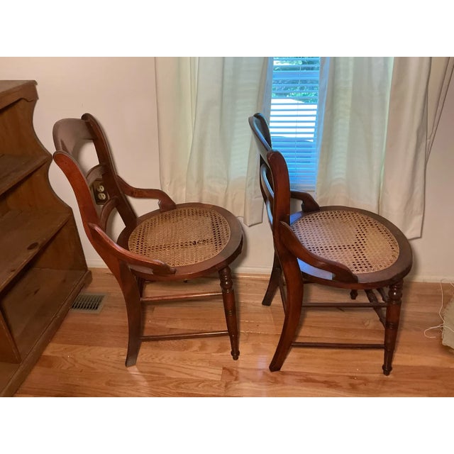19th Century Pair of Victorian Ladder-Back Arm Chairs With Round Cane Seats, Walnut, C. 1880s For Sale - Image 5 of 7