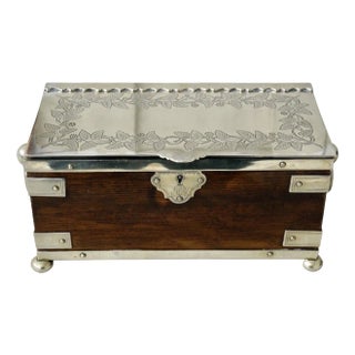Victorian Silver-Plated Oak Tea Caddy, 1890s For Sale