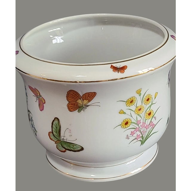 Vintage Hand Painted Porcelain Colorful Floral Butterflies Jardiniere Planter For Sale - Image 4 of 8
