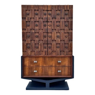 Paul Evans Style Walnut Brutalist Pedestal Armoire For Sale