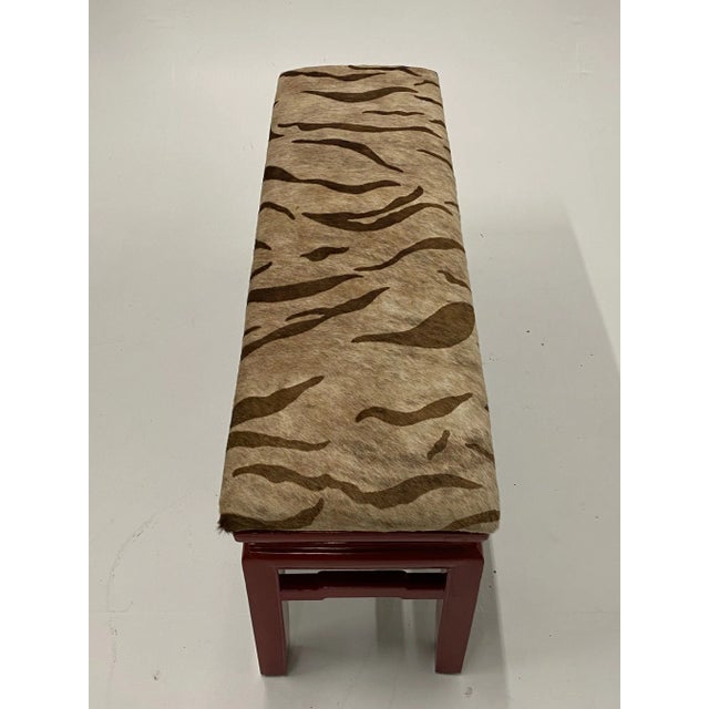Asian Cinnabar Red Laquer Bench Upholstered in Printed Cowhide For Sale - Image 10 of 11