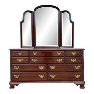 1991 Ethan Allen Georgian Court Cherry Dresser With Tri-Fold Beveled Glass Mirror For Sale