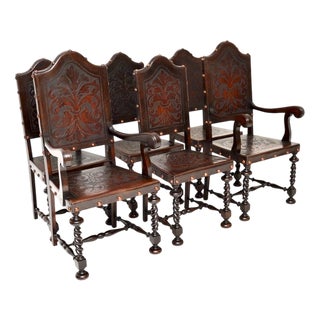 Antique Portuguese Embossed Leather and Walnut Dining Chairs, 1880, Set of 6 For Sale