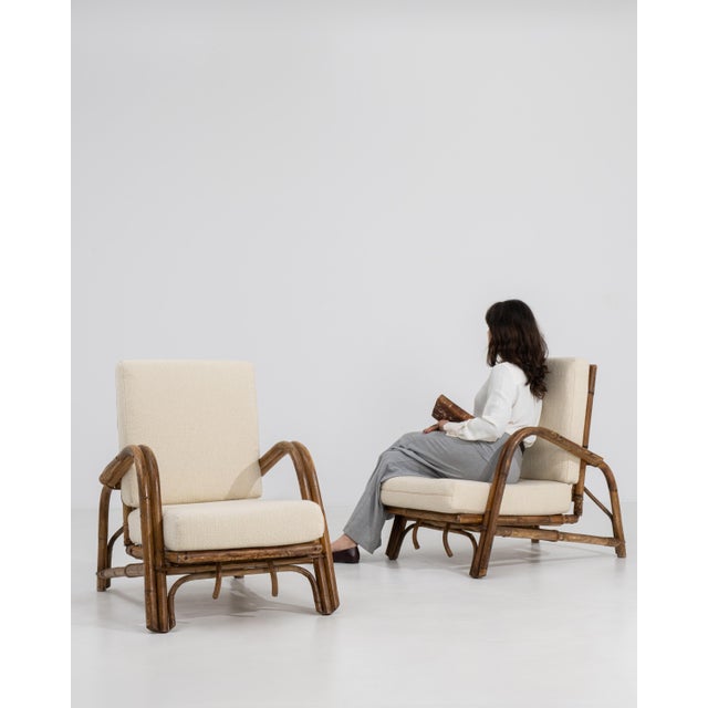 Pair of Faux Bamboo Reclining Armchairs With Bouclé Upholstery Cream Mid 20th Century For Sale - Image 16 of 16