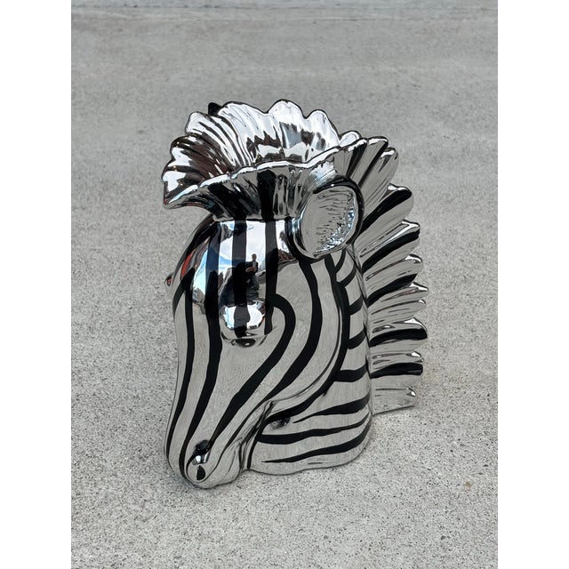 1980s Fitz and Floyd Silver and Black Ceramic Zebra Vase For Sale - Image 5 of 10