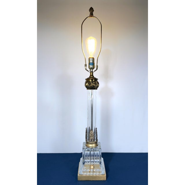 Neoclassical 1950s Monumental 35" Paul Hanson Neoclassical Fluted Crystal & Brass Column Lamp For Sale - Image 3 of 12