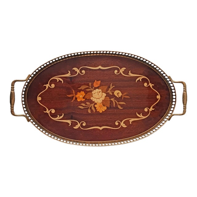 Mid 20th Century Italian Marquetry Wood Inlay Oval Serving Tray With Brass Gallery Rail & Handles For Sale