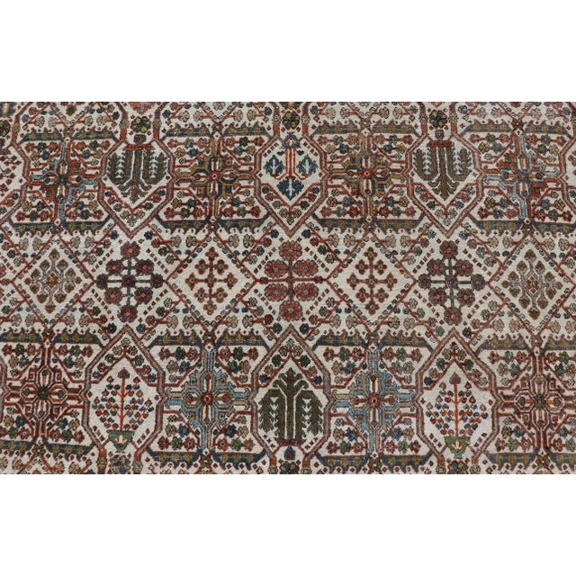 Ivory Antique Persian Joshegan Rug in Ivory Background With Blue, Green, & Copper For Sale - Image 8 of 11