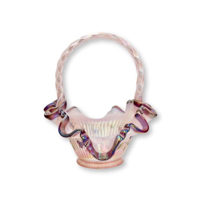 Late 20th century Fenton Art Glass “Champagne Iridescent Morning Glory” basket featuring hand painted hummingbird and...