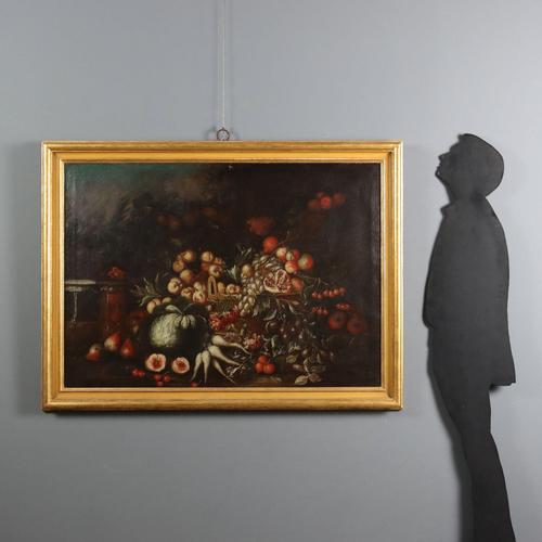 Oil on canvas. Emilian School, 18th century. Large and varied fruit composition with peaches, pears, cherries,...